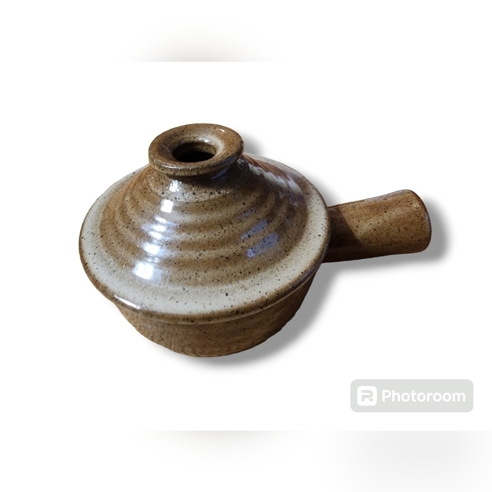 Vintage Earthy Brown Stoneware Soup Chili Hademade With Lid And Handle